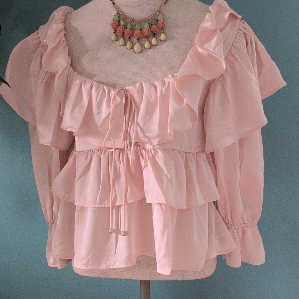Francesca's Collections Blush Pink Ruffle Tiered Peasant Top